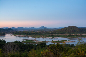 View of the Mekong River with mountain and forest border of Thailand and Laos, NongKhai province,Thailand.