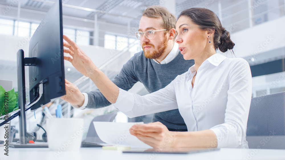 Poster beautiful businesswoman uses desktop computer, consults her project manager about documents with gra