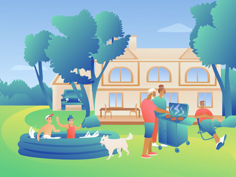 A large family on the lawn is having a great time against the backdrop of a large house, a jeep and trees. Grandpa is making grilled cutlets. Children swim in an inflatable pool. Happy life concept.