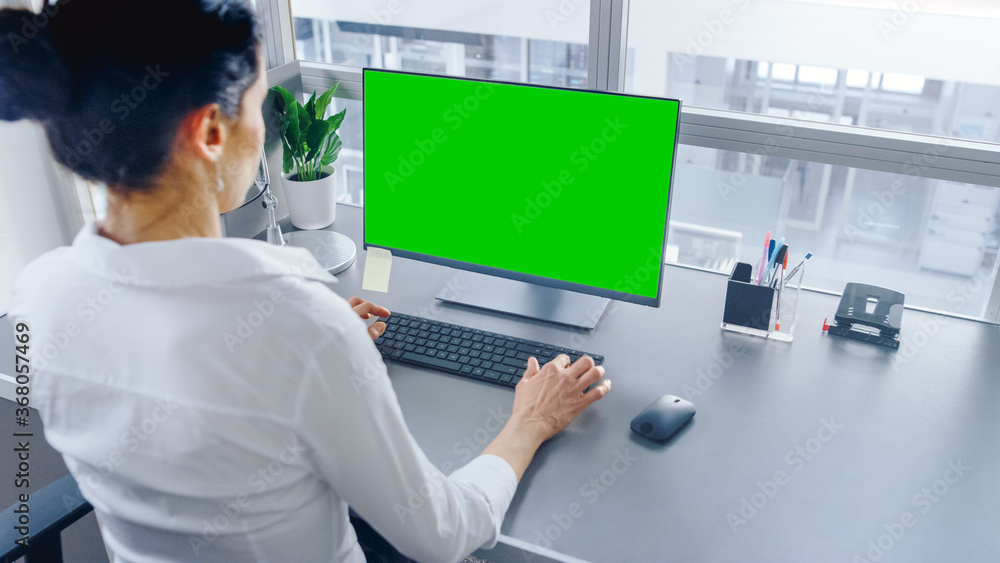 Poster in open space office businesswoman working on her personal computer with green mock-up screen. shot 
