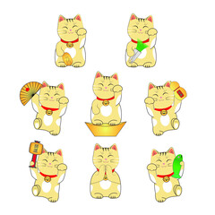 set of japan lucky cat called Maneki neko draw in cartoon vector