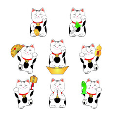 set of japan lucky cat called Maneki neko draw in cartoon vector