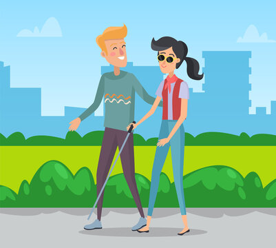 Man walking with blind woman vector, volunteer helping female character. Park in city, cityscape with skyscrapers and bushes greenery lawns flat style
