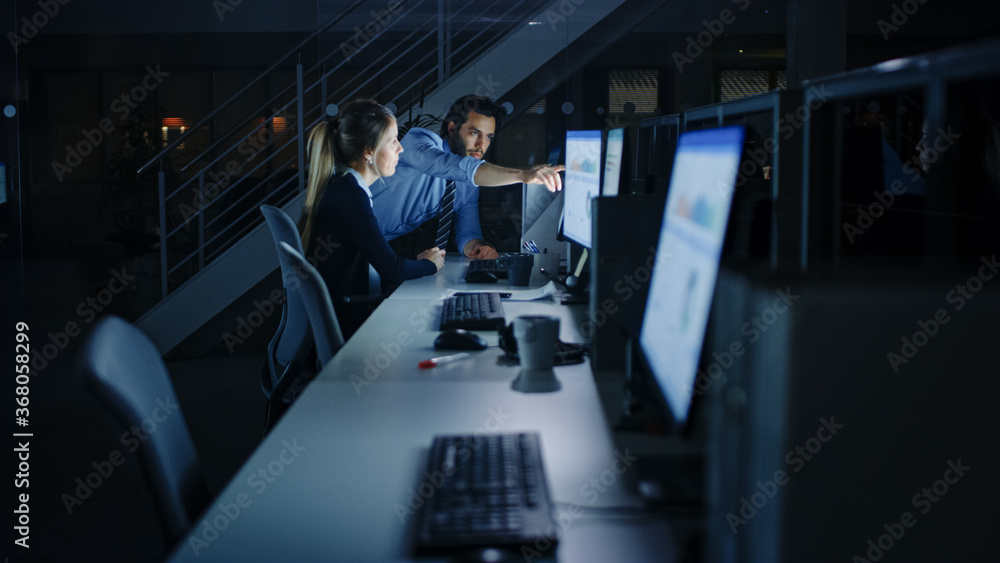Poster confident businessman uses desktop computer, her male manager explains specific tasks, account handl