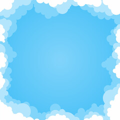 Abstract cartoon cloud background frame with blue gradient sky in flat style. Fluffy heaven cloudy border design with white clouds silhouette. Square poster template with simple doodle pattern V2
