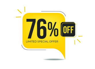 76% off limited special offer. Banner with seventy-six percent discount on a yellow square balloon.