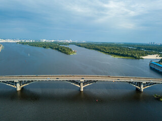 Aerial drone view. Kiev metro bridge.