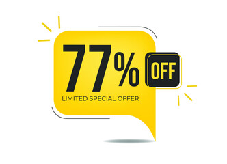 77%% off limited special offer. Banner with seventy-seven percent discount on a yellow square balloon.
