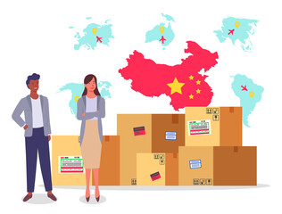 Logistics delivery. Man and woman standing near card boxes, international parcels. Delivery service around world. Map with navigation symbols. International people, african man and caucasian woman