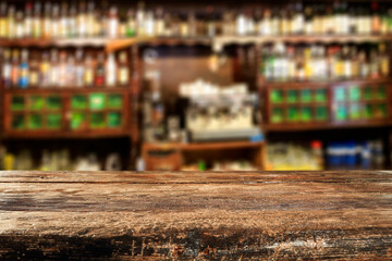 Desk of free space and blurred bar background 