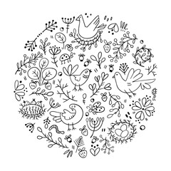 Design elements on the theme of nature, plants, birds. Doodle style in circle shape composition.