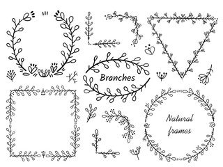 Frames and corners for text decoration. Design elements in doodle style. Natural style, branches, plants.