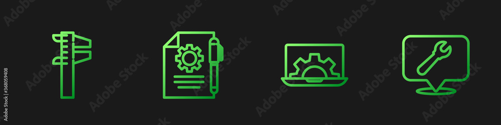 Poster set line laptop and gear, calliper or caliper scale, document settings pen and location with wrench 