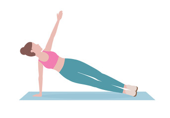 Woman doing exercises.  Step by step instruction for doing One Arm Side Plank. Benefits Strengthens the arms, back, and core. Improves balance. Isolated vector illustration in cartoon style