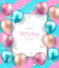 Birthday banner with realistic balloons. Celebration birthday party invitation background with greetings and colorful balloons and birthday elements