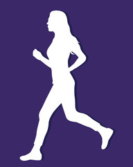Fototapeta na wymiar Silhouette of a running girl isolated on a purple background. Sports and healthy lifestyle. Paper cut effect