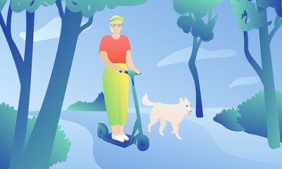 Stylish grandmother on an electric scooter rides through the park with her dog. Grandma and her white dog are riding in the street. Active lifestyle concept.