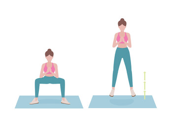 Obraz premium Woman doing exercises. Step by step instruction for doing Squat Jumps. It’s efficient at making your glutes, legs, and lungs burn after just a few reps. Isolated vector illustration in cartoon style.
