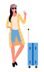 Woman traveler with suitcase on wheels, showing peace sign vector. Baggage or luggage, girl in glasses and cap, summer vacation or holidays, traveling
