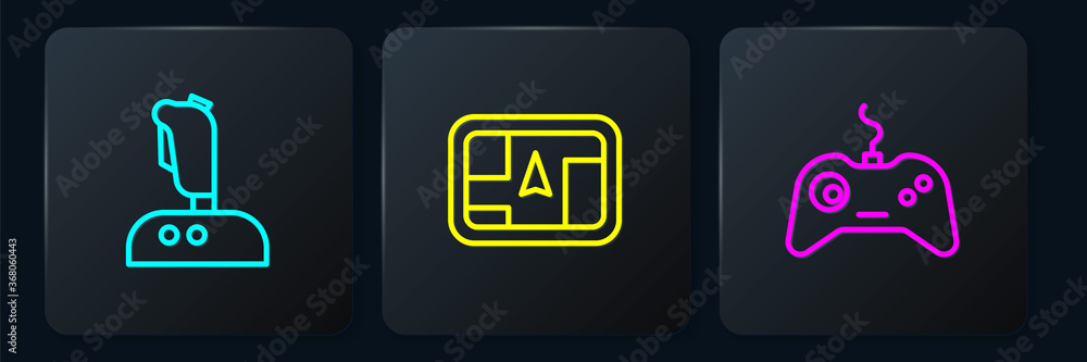 Poster Set line Joystick for arcade machine, Gamepad and Gps device with map. Black square button. Vector.