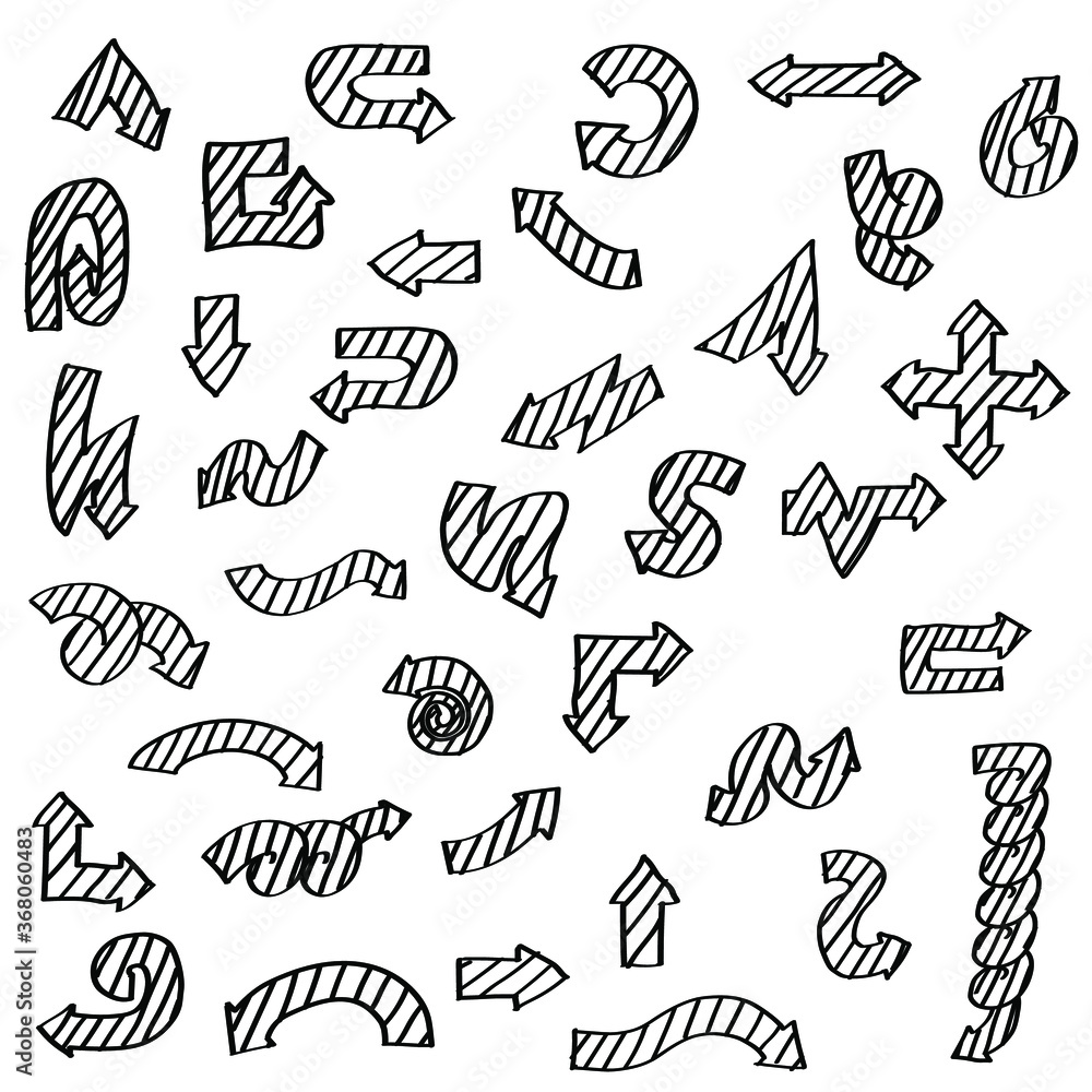 Poster abstract set black collection hand drawn different arrows elements vector design sketch style doodle