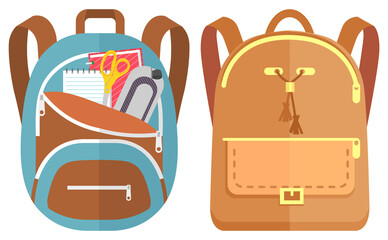 Colored school backpack. Education and study back to school, schoolbag luggage, rucksack vector illustration. Kids school bag with education equipment. Backpacks with study supplies. Student satchels