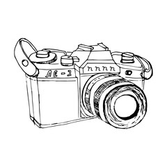 vector retro hand drawn hipster photo camera isolated, hand drawn doodle style