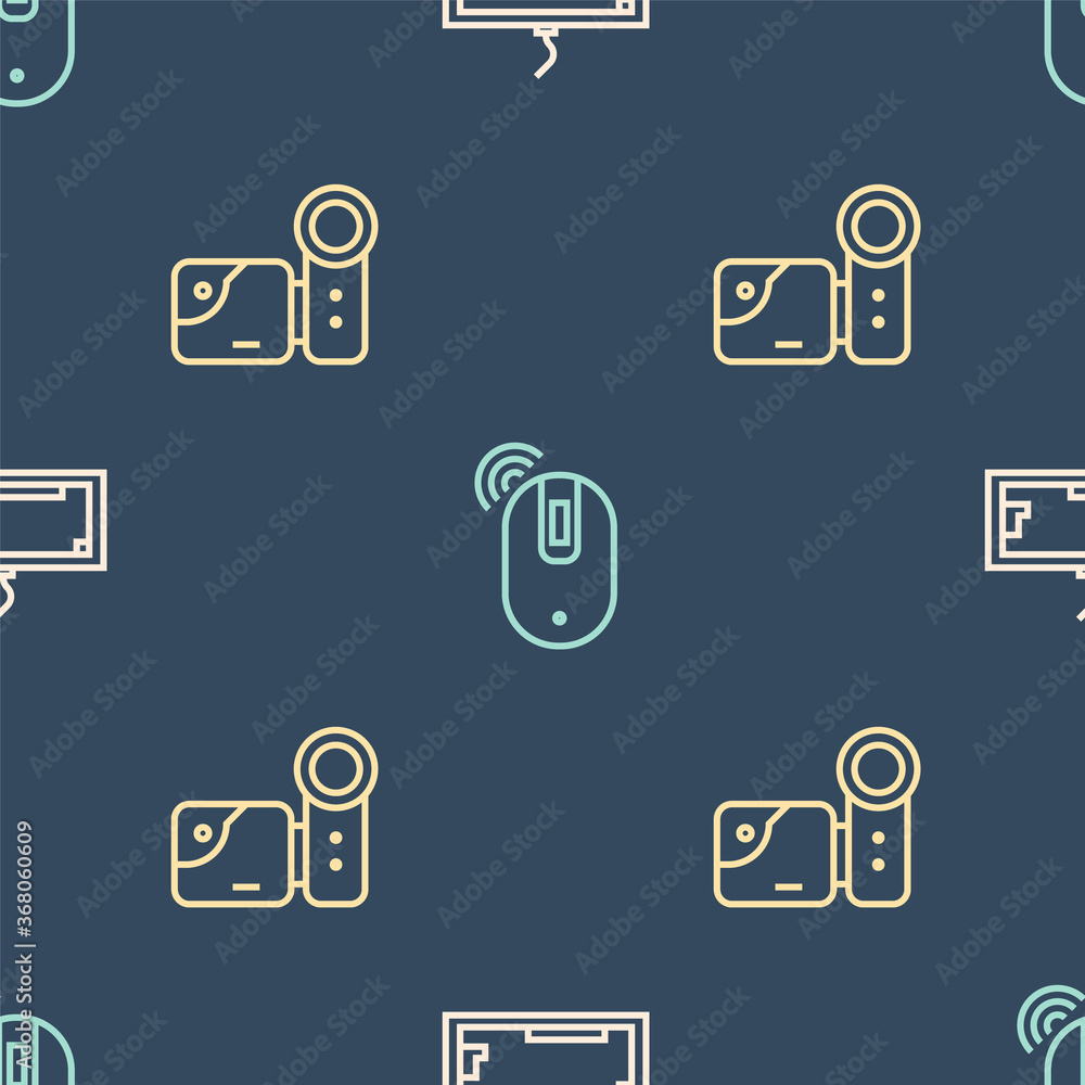 Poster set line keyboard, cinema camera and wireless computer mouse on seamless pattern. vector.
