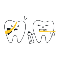 Sick and healthy tooth. Dental care and education how to take care of your teeth. Flat linear vector illustration on white background.