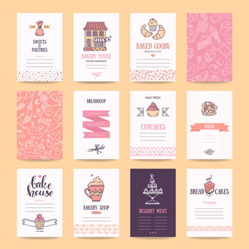 Bakery and pastry shop business cards, cafe poster, restaurant menu, food flyers. Artistic templates collection with hand drawn design elements: bakehouse logo, cake, pancake icons, sweets pattern.