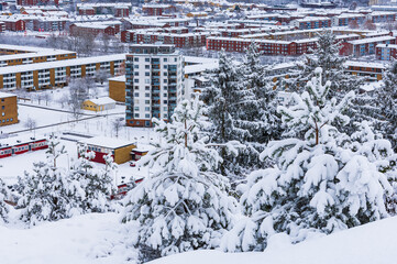 Snow covered residential area in a Swedish town