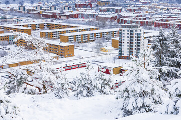 Snow covered residential area in a Swedish town at winter
