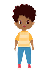 Cartoon vector african american smiling boy in blue pants. Vector illustration.Isolated on white background