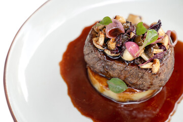 steak beef main dish are Delicately cooked with various ingredient and ready to serve in luxury course.