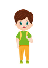 Cartoon vector smiling boy with school backpack. Vector illustration.Isolated on white background