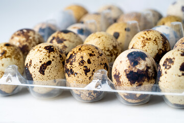 Quail eggs in the panel on white background.