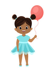 Cartoon vector african american girl with a pink balloon.Vector illustration.Isolated on white background
