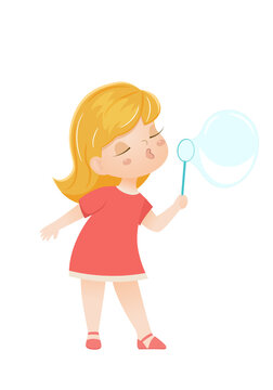 Girl blowing a soap bubble. Vector illustration.Isolated on white background