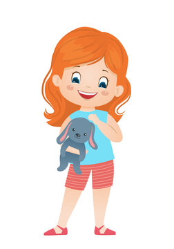 Cartoon vector redheaded girl with toy bunny.Vector illustration.Isolated on white background