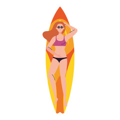 woman with swimsuit, lying down on surfboard, summer vacation season vector illustration design