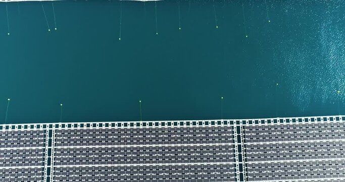 Aerial view with a drone over solar panels in a blue pond. We can see the panels floating on blue water. Perfect green energy - 4K