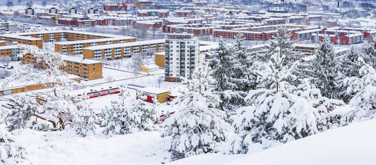 Snow covered residential area in a Swedish town at winter