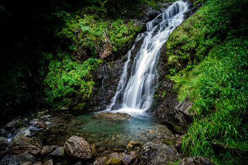 Fototapeta na wymiar Randonnée cascade du Leziou et forêt dans les Pyrénées ariégeoises large 