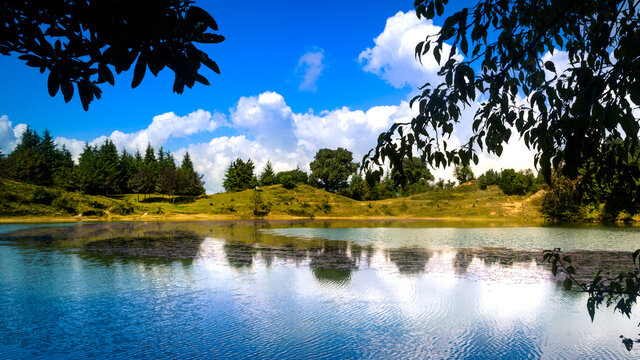 Serene view of the reflection of trees in the lake at Deoria Tal.  Lake nestled in Garhwal Himalayas at Chopta, Uttarakhand, India. Camping location for Tungnath Chandrashila hiking trail. 