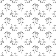 Seamless pattern with maple leaves. Watercolor ink black stylish botanical background. Monochrome leaf contour silhouette. Graphic autumn background