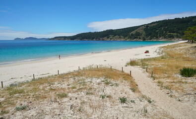 Pristine sandy beach in Galicia, Spain, Atlantic ocean, Praia de Barra, Cangas de Morrazo, province of Pontevedra