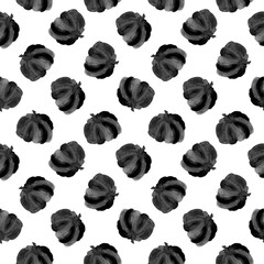 Watercolor pumpkins seamless pattern. Halloween hand drawn background. Black ink illustration