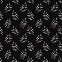 Watercolor graphic leaves seamless pattern. Scandinavian style hand drawn illustration. Monochrome leaves on a black background. Ornamental background for textile, paper, wallpaper, decoration, design