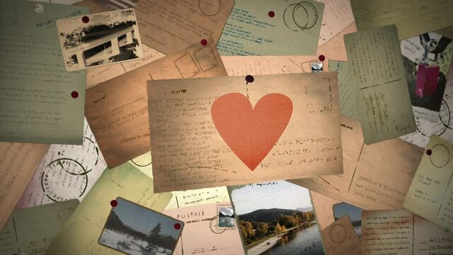 Love letter with a heart is pinned to cork bulletin board with vintage postcards. Digital animation.