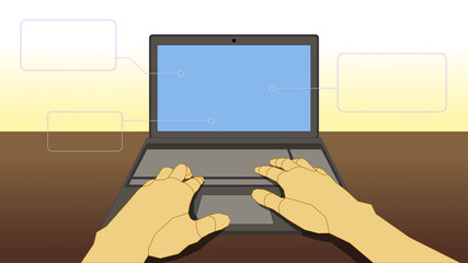 illustration of hand view and notebook working on table